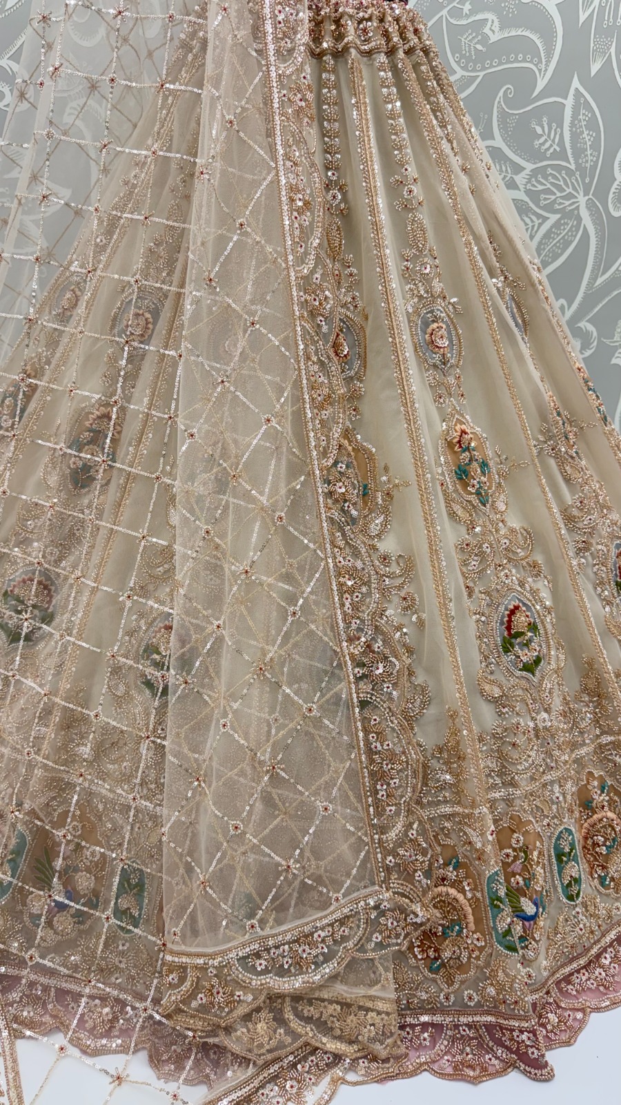 Beige Net Golden Beads ,Multi-color Thread, Sequin Handwork Semi-Stitched Lehenga Choli